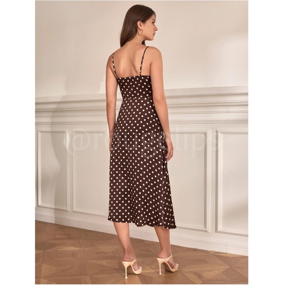 NWT - French Style Polka Dot Brown Midi Dress Leg Slit - Picture 7 of 16